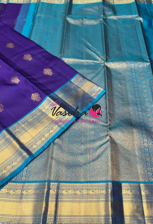 Pure Kanchipuram Silk Saree - Vairavoosi Design  - Violetish Blue & Blue Combo - VVPS059
