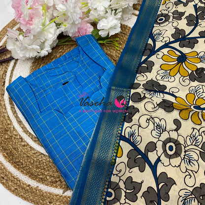 Ready Made - Semi Raw Silk Kurti with Chennur Silk Kalamkari Duppatta - Blue Shade - 2pc Set - VVSRK002