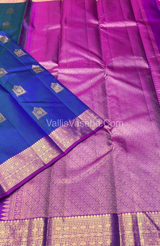 Pure Kanchipuram Bridal Silk Saree - Embossed Design - Peacock Blue With Purple Shade  - VVPS023