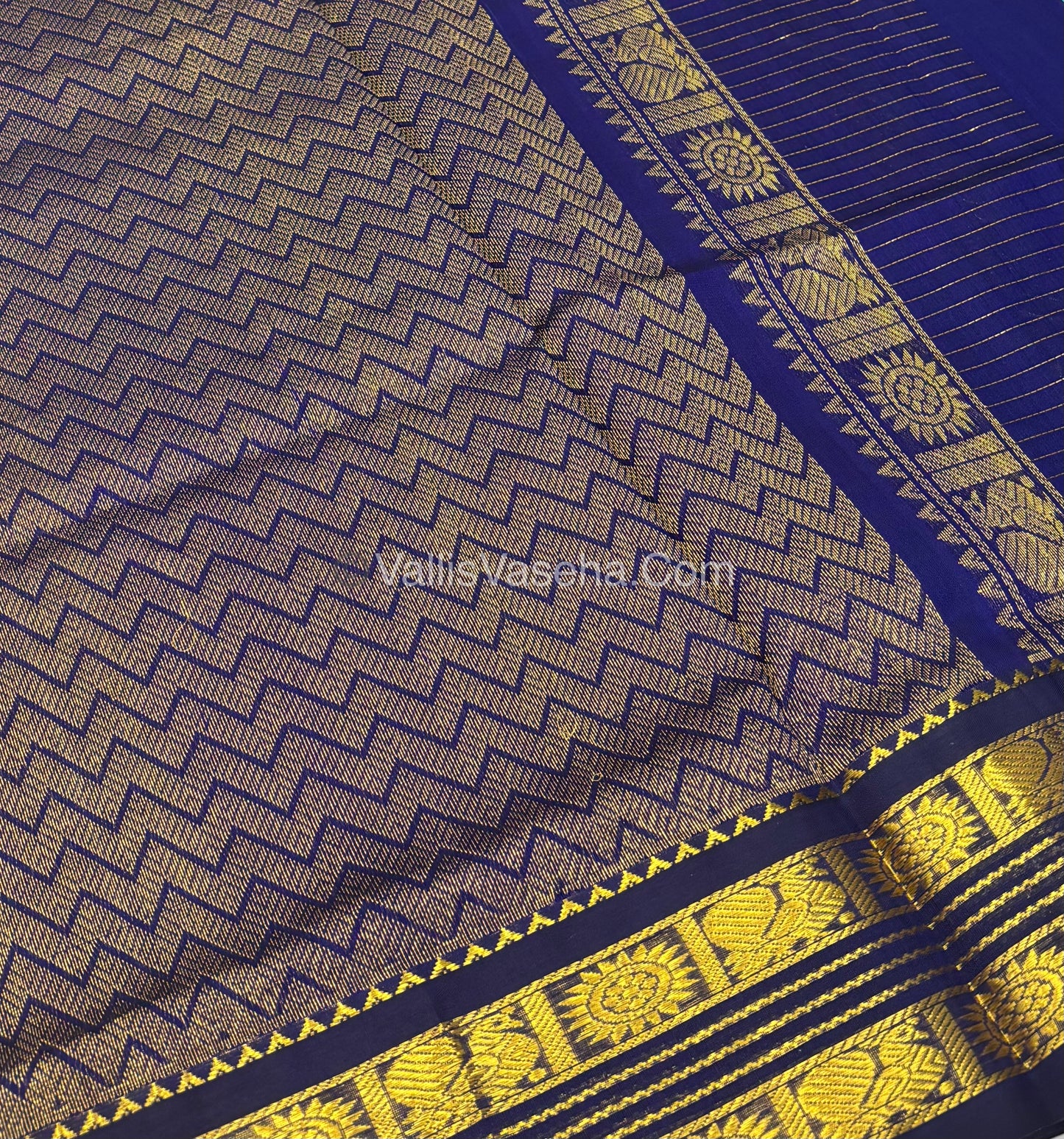 Pure Korvai Silk Cotton - Retta Petta Border - Blue With Navy Blue Combo - VVKSC010