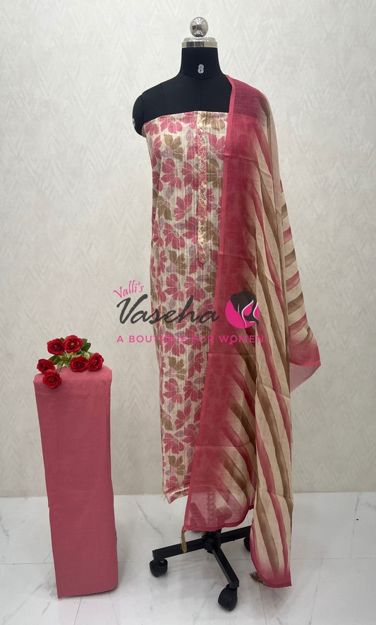 Unstitched Linen Mixed Cotton Material  | Cream and Pink | VVUSM040