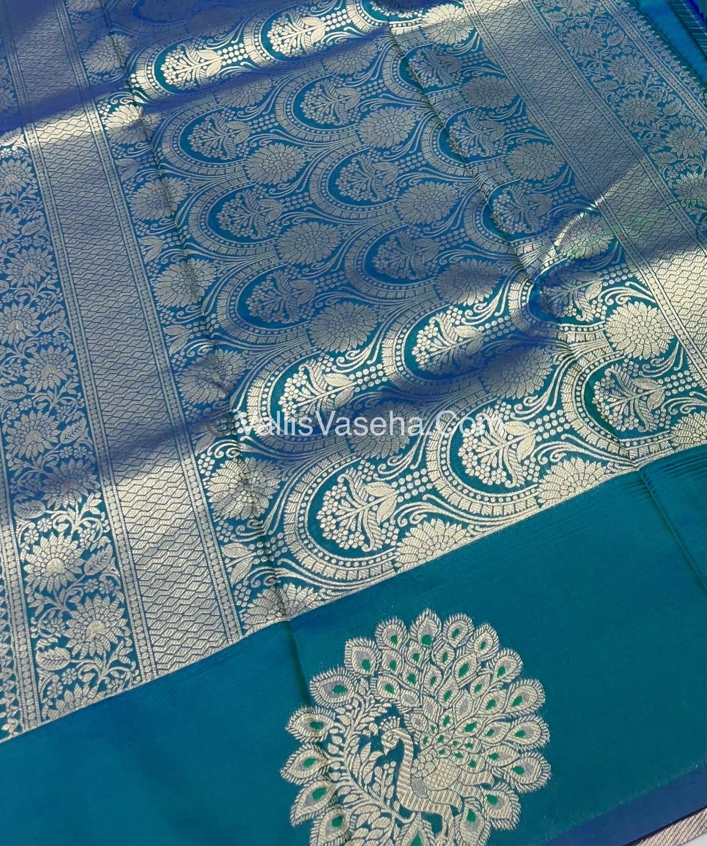 Semi Soft Silk - Peacock Butta Border - Peacock Blue Shade -VVSSS011