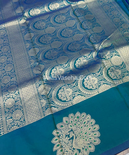 Semi Soft Silk - Peacock Butta Border - Peacock Blue Shade -VVSSS011