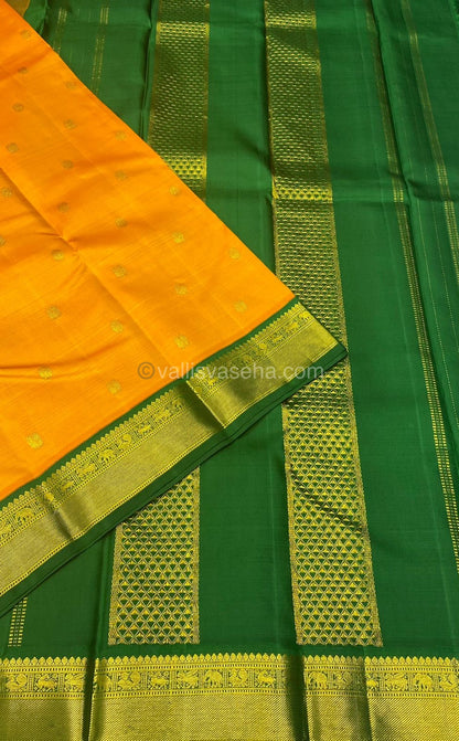 Pure Kanchipuram Silk Saree - Korvai - Mayil & Chakkaram Design - Mambalam Yellow with Green Combo- VVPS004