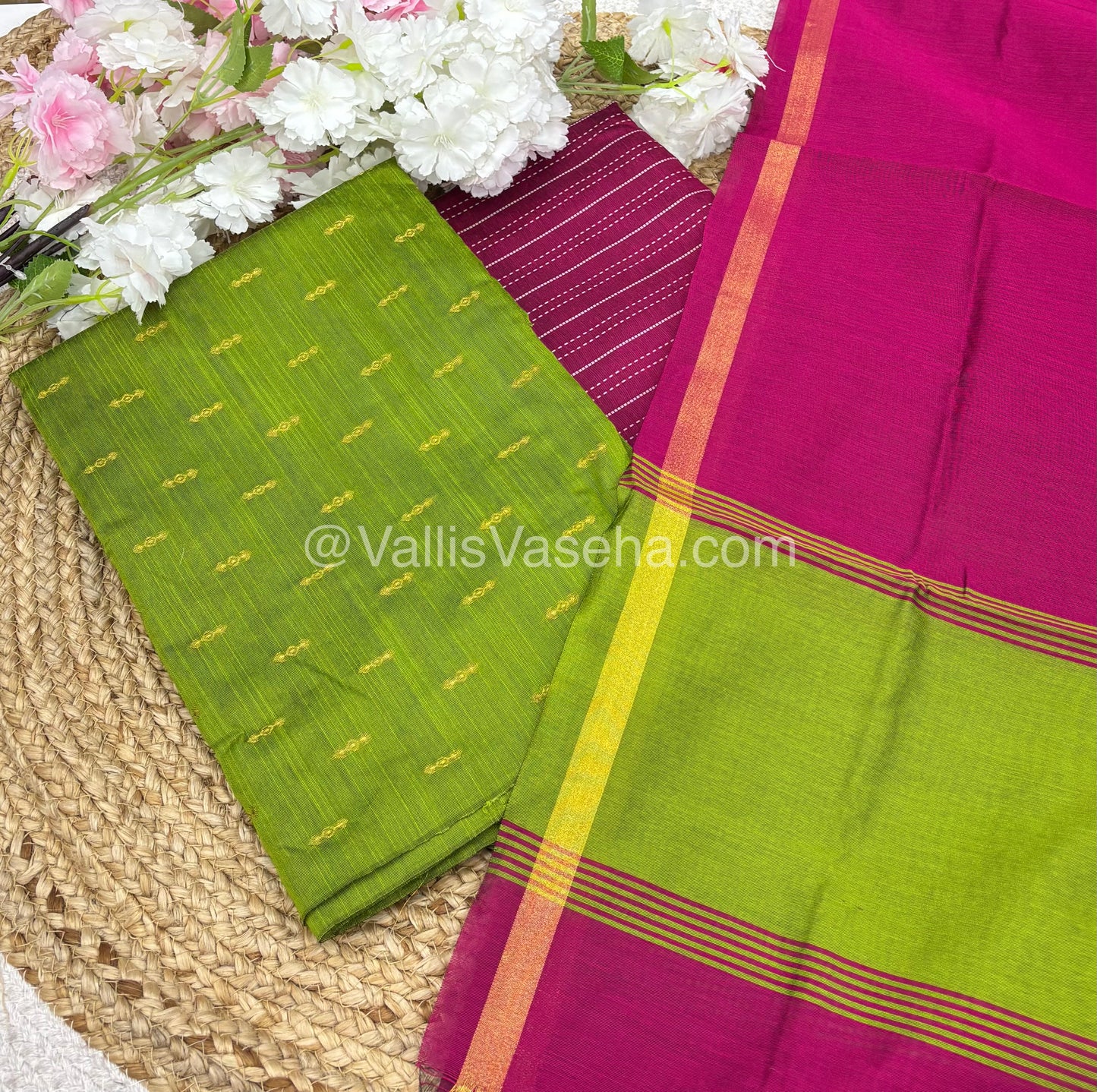 Unstitched Salwar Material -Raw Silk - Green with Pink Shade - VVUSM004