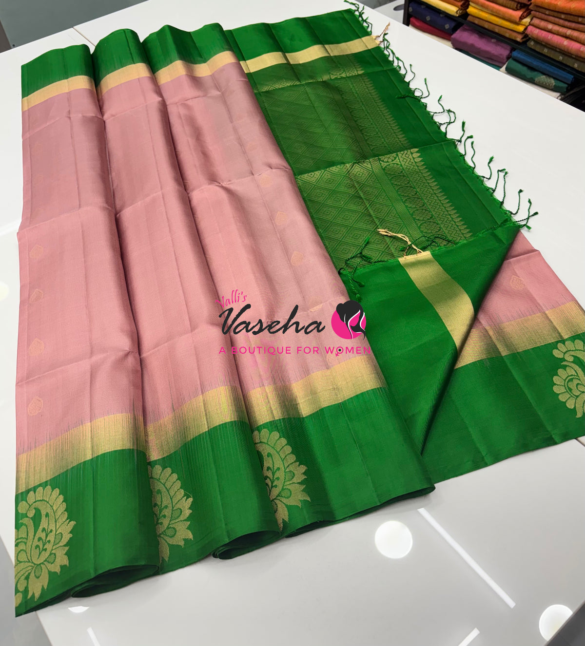 Pure Soft Silk Saree - Light Pink & Green - VVPSS121