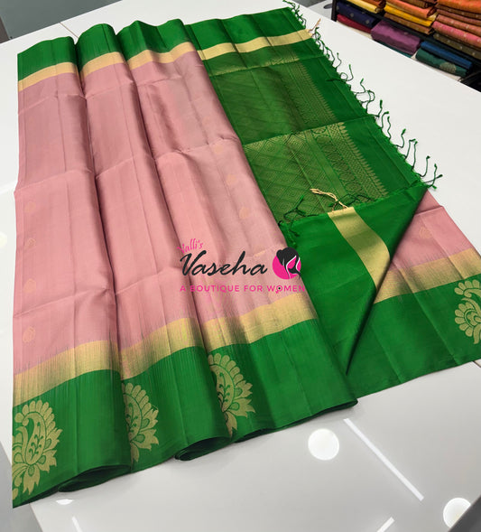 Pure Soft Silk Saree - Light Pink & Green - VVPSS121