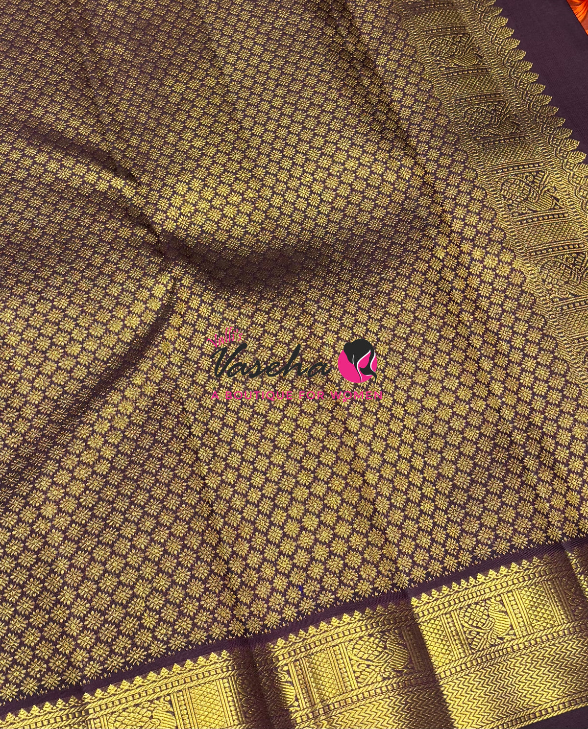 Pure Kanchipuram Silk Saree - Rust Orange & Wine Brown Combo - VVPS025