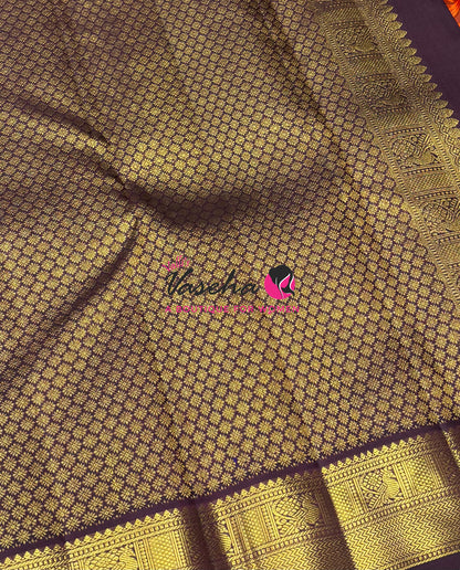 Pure Kanchipuram Silk Saree - Rust Orange & Wine Brown Combo - VVPS025