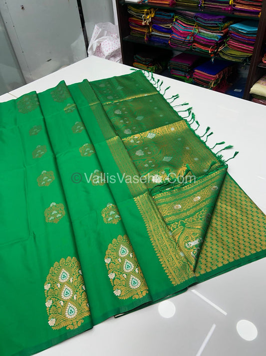 Semi Soft Silk - Border Butta  - Green Shade -VVSSS010