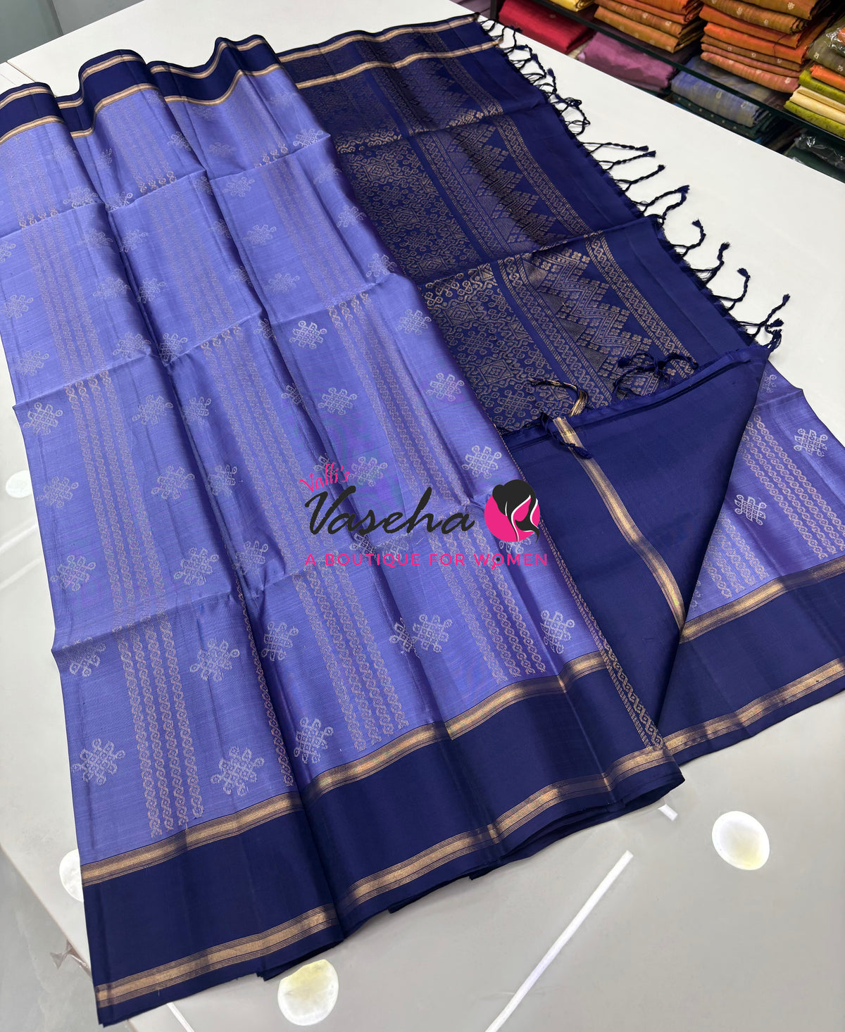 Pure Soft Silk Saree  - Kolam Weaving  - Blue & Blue Combo - VVPSS143