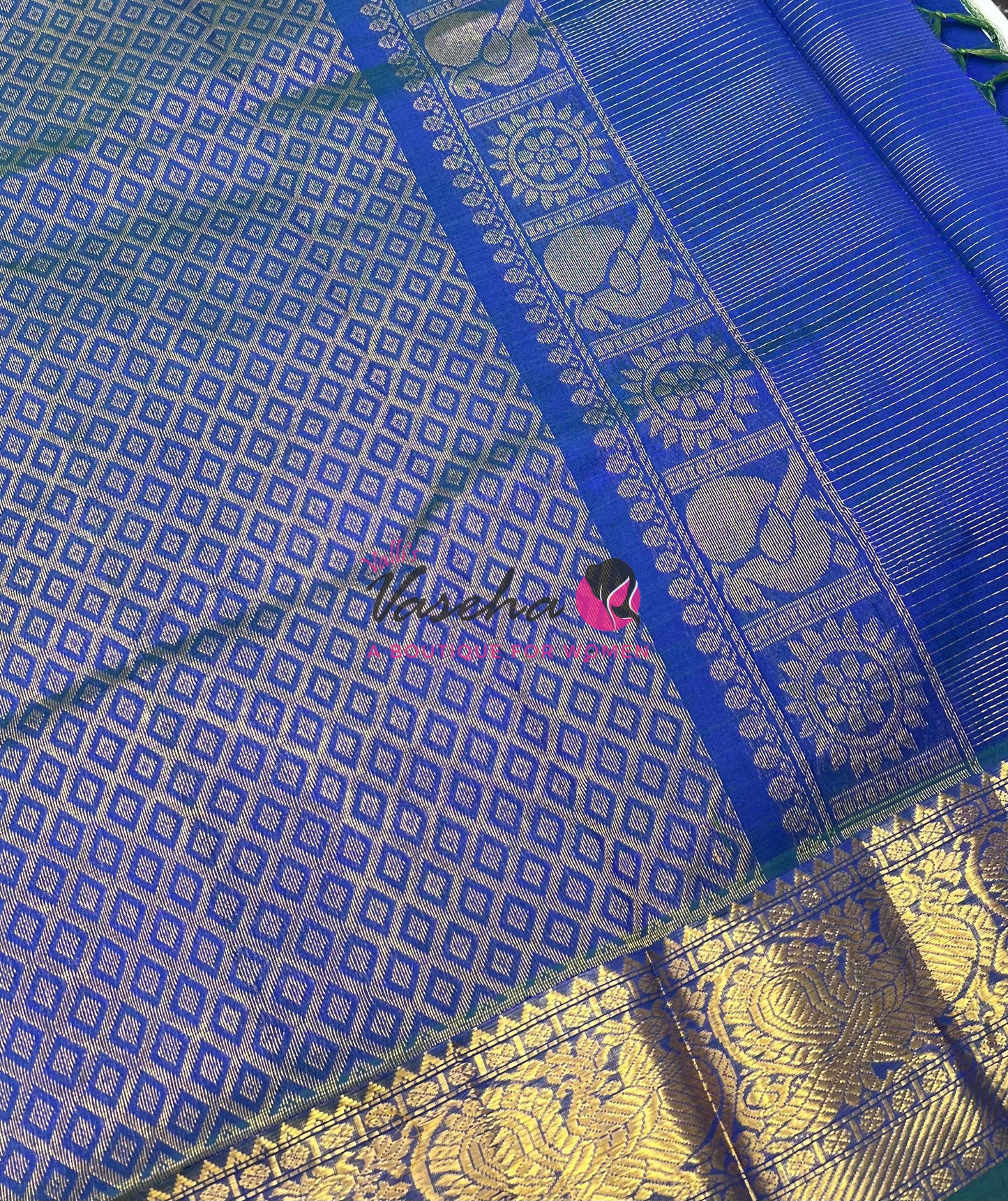 Pure Silk Cotton Saree - Vairavoosi checks - Mayil & Chakkaram - Peacock Blue Shade - VVMCV001