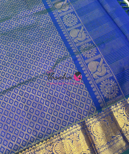 Pure Silk Cotton Saree - Vairavoosi checks - Mayil & Chakkaram - Peacock Blue Shade - VVMCV001