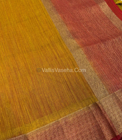 Bamboo Silk Saree - Mustard Yellow With Red  Shade - VVBSS002