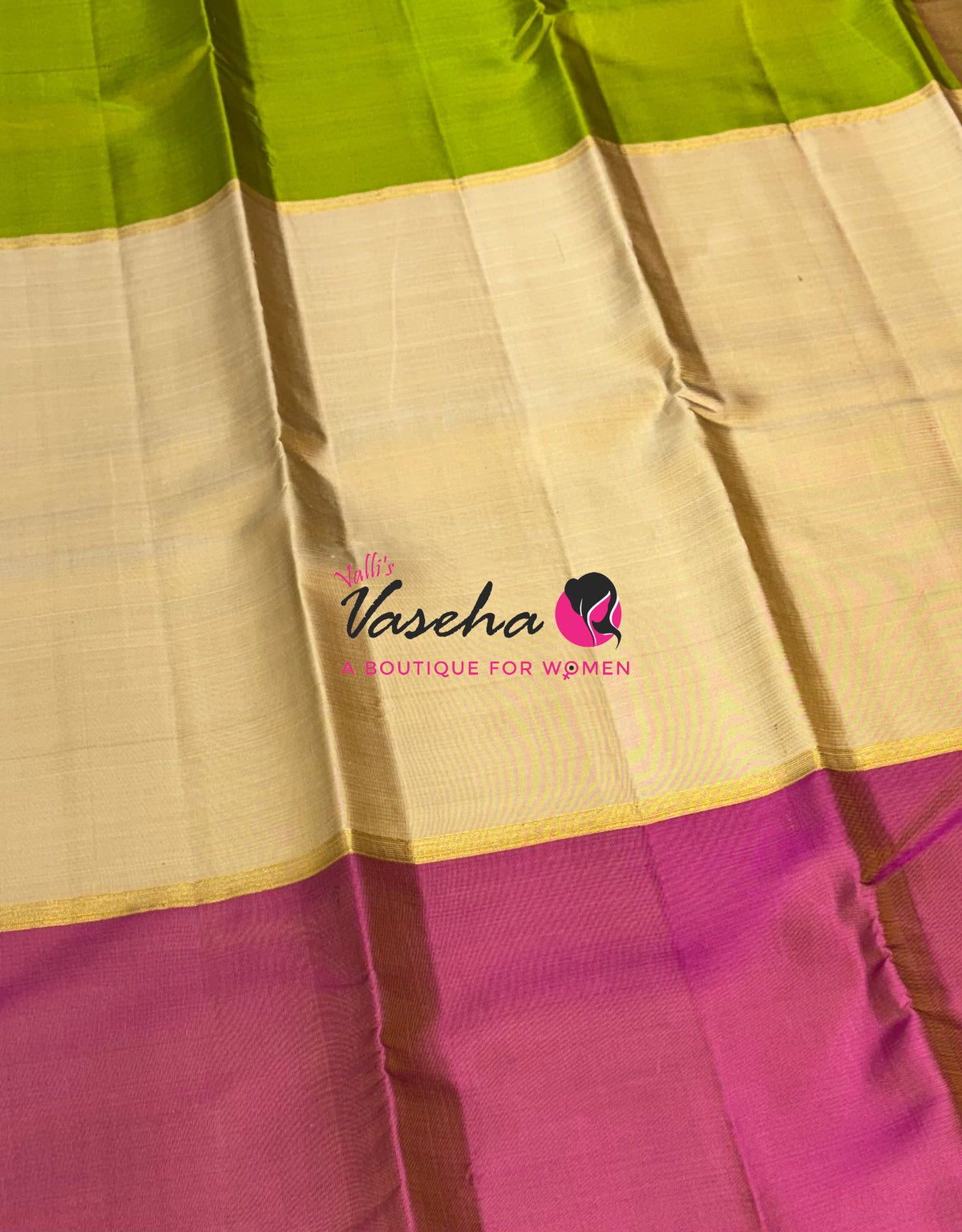 Pure Kanchipuram Silk Saree - Ganga Jamuna Style - Cream With Green/ Pink Combo - VVPS021