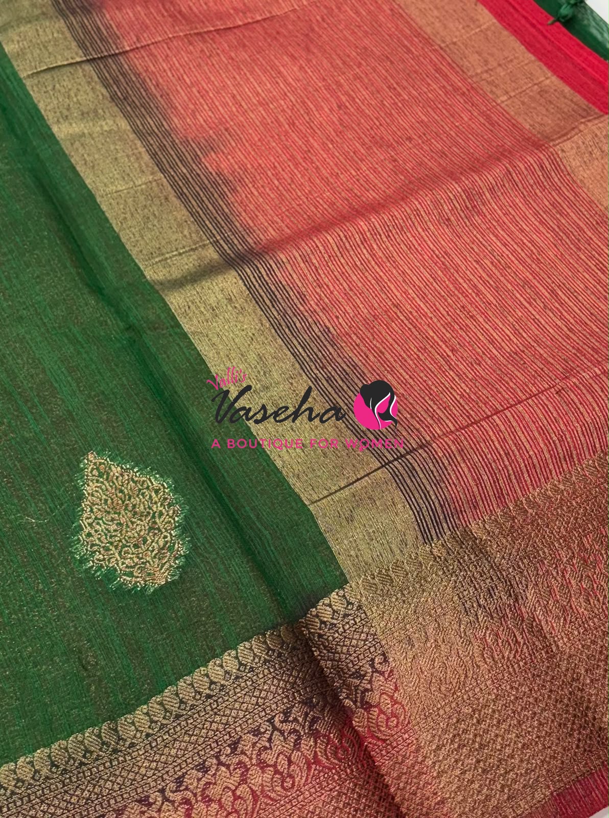 Bamboo Silk Saree - Green with Red - VVBSS018