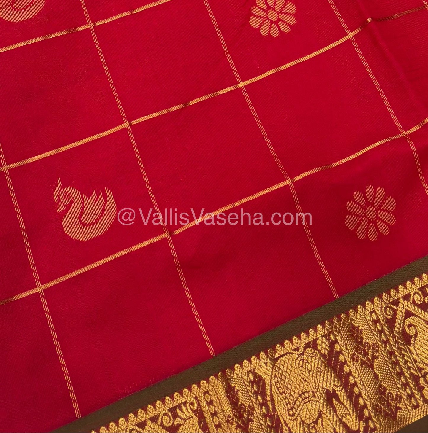 Semi Silk Cotton Saree - Red with Green shade - VVSSC002