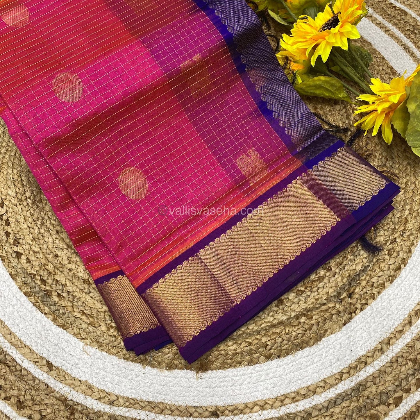Pure Silk Cotton Saree - Mayil & Chakkaram Design - Peachish Pink with Blue - VVMC002