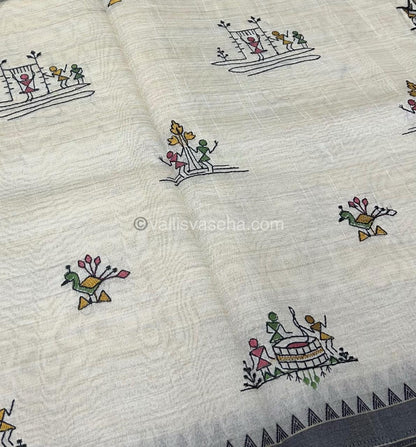 Semi Tussar Embroidery - Cream with Greyish Black Combo - VVSTE001