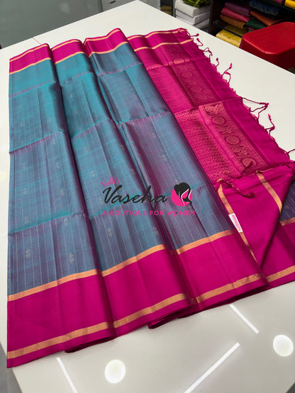Pure Soft Silk Saree  - Peacock Blue & Pink Combo - VVPSS138