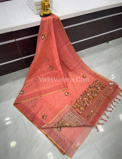 French Knot - Linen Tissue Saree - Peach Shade - Heavy Work Blouse - VVLFN012