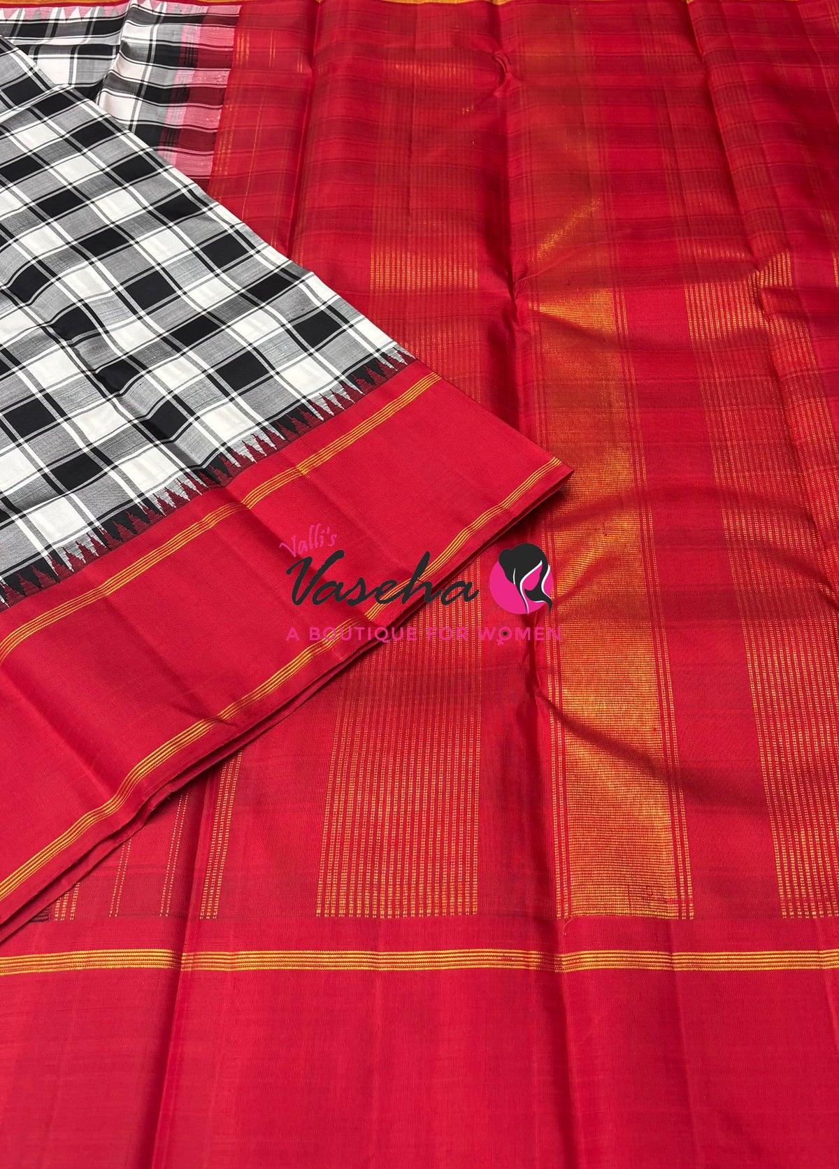Pure Korvai Kanchipuram Silk Saree - Checks Pattern - Black & White with Red Combo - VVPS015