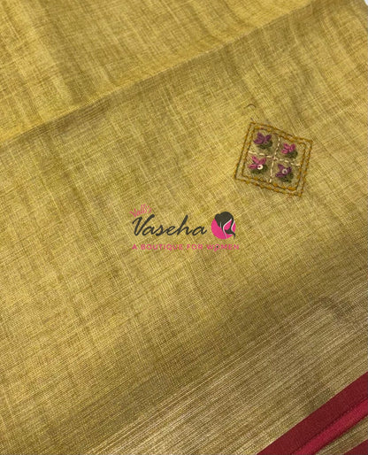 French Knot - Linen Tissue Saree - Mustard Green Shade - Heavy Work Blouse - VVLFN016