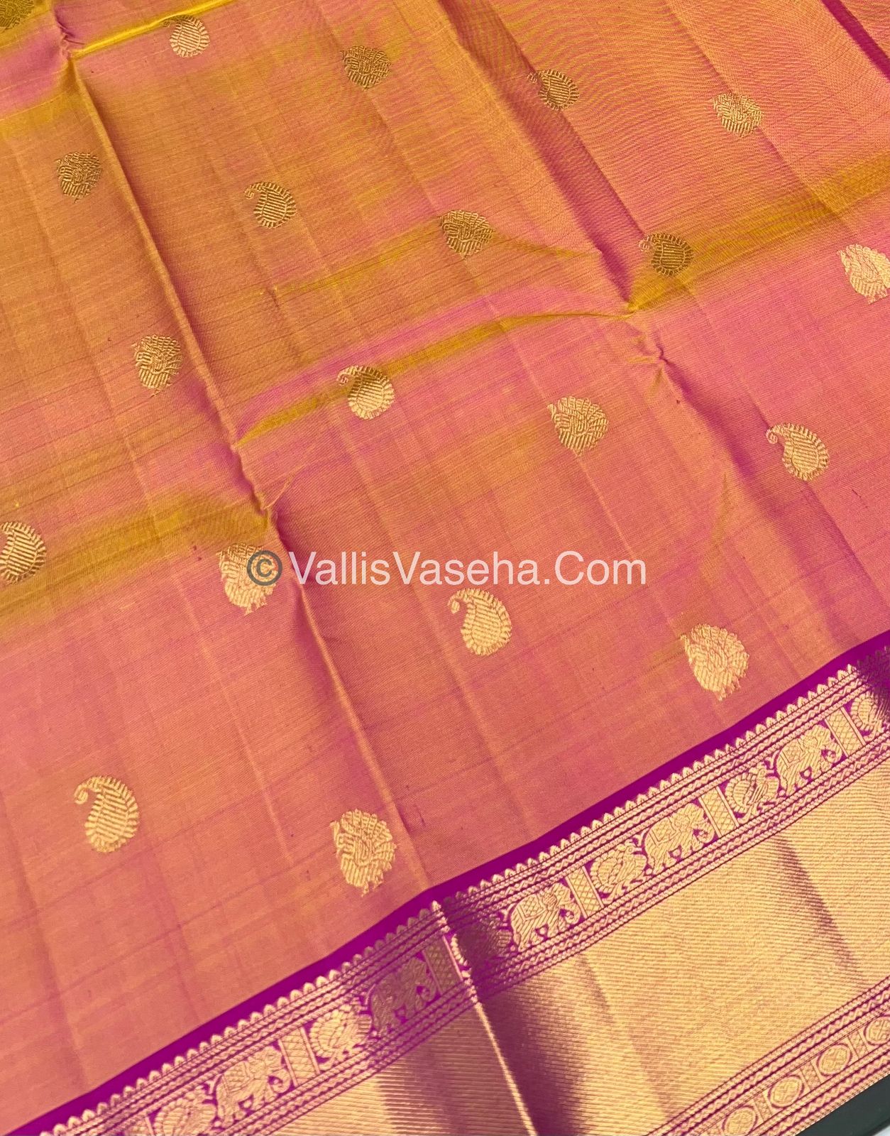 Pure Kanchipuram Silk Saree - Peach Gold & Pink Combo - VVPS014