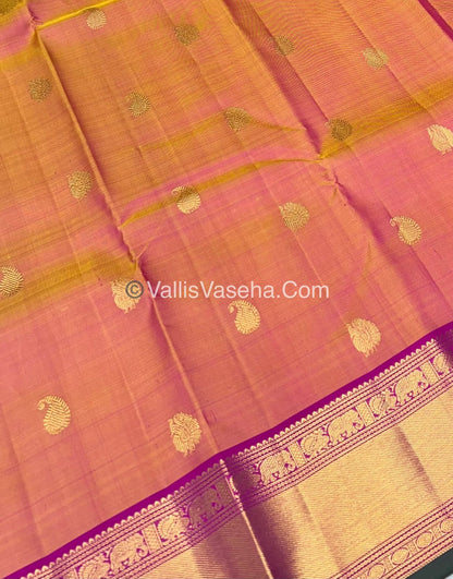 Pure Kanchipuram Silk Saree - Peach Gold & Pink Combo - VVPS014