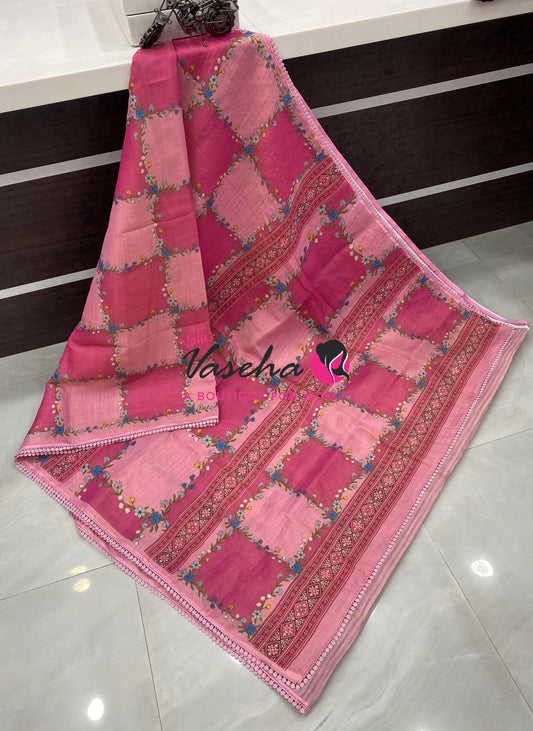 Linen Tissue Saree -  Light & Dark Combo - Pink Shade - VVLTS005