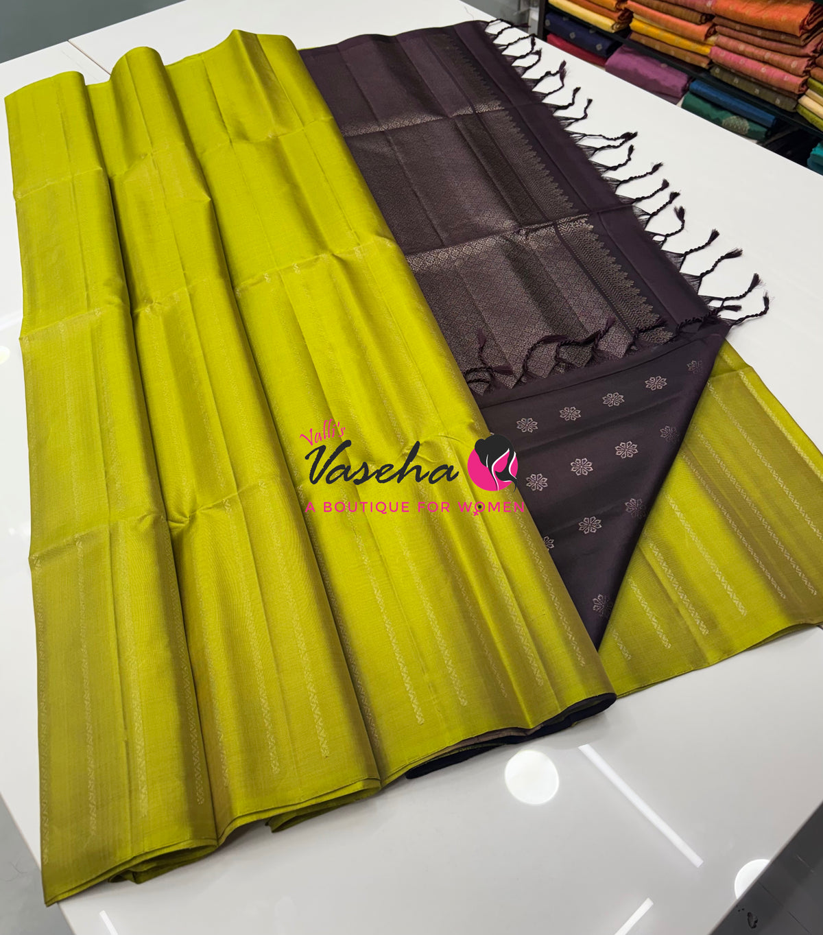 Pure Soft Silk Saree - Border Less  - Lemon Green & Brown Combo - VVPSS066