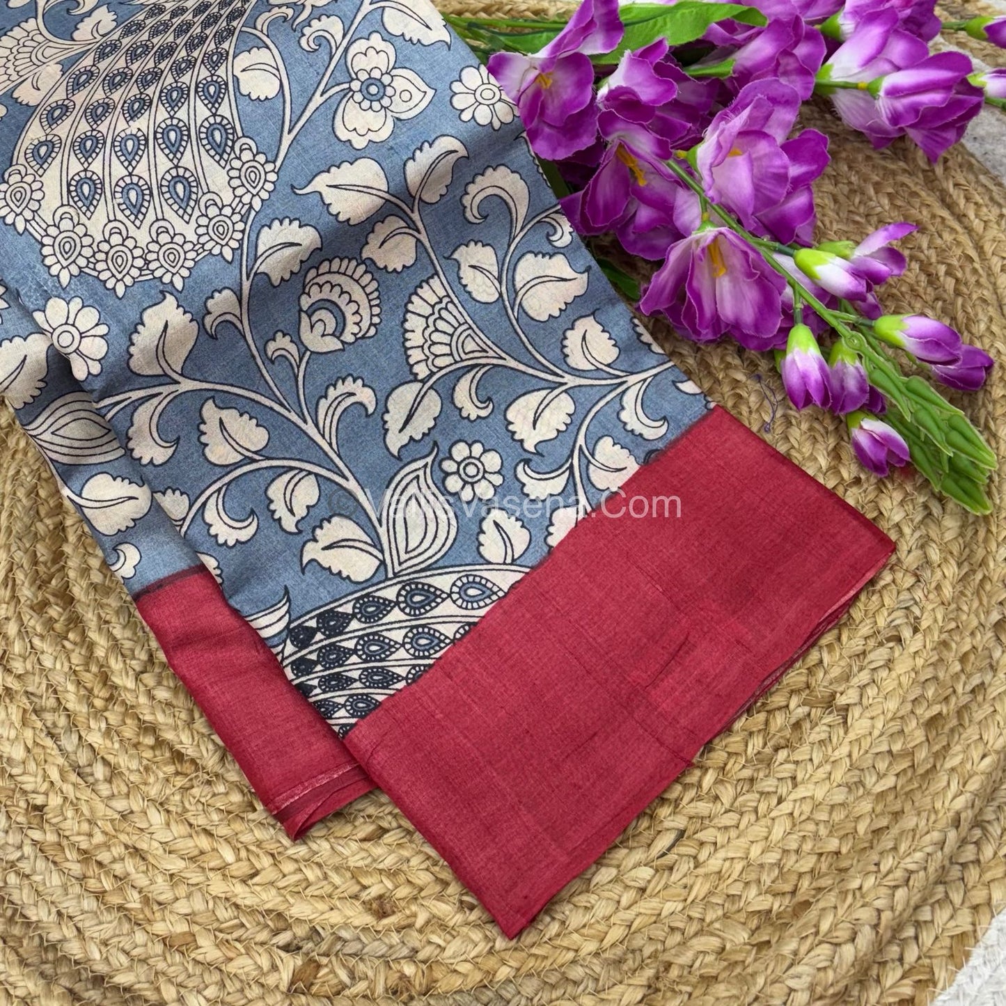 Pure Tussar Silk - Sea Blue With Red Shade - VVPTS001