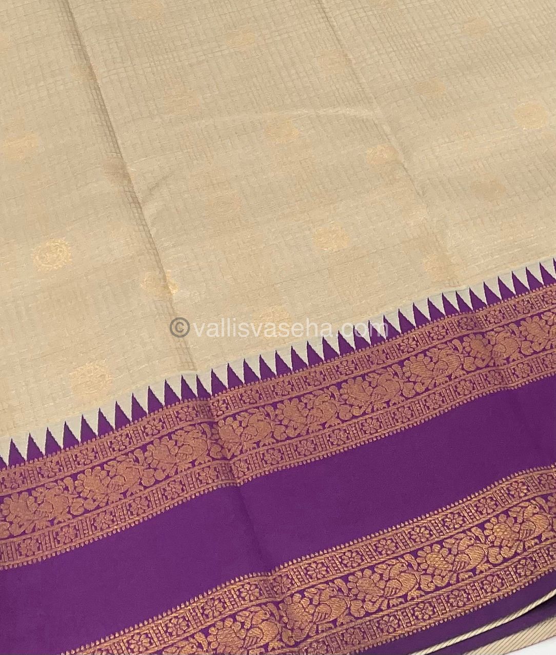 Kanchi Semi Silk - Creamish Grey with Purple - Mayil & Chakkaram design - VVKSS001