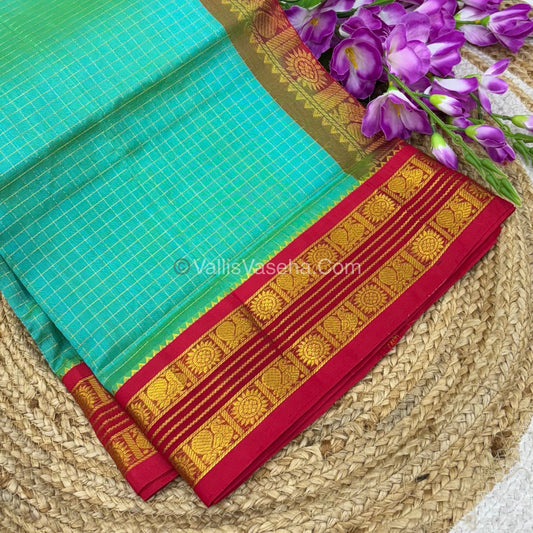 Pure Korvai Silk Cotton - Retta Petta Border - Blue  with Red Combo - VVKSC010