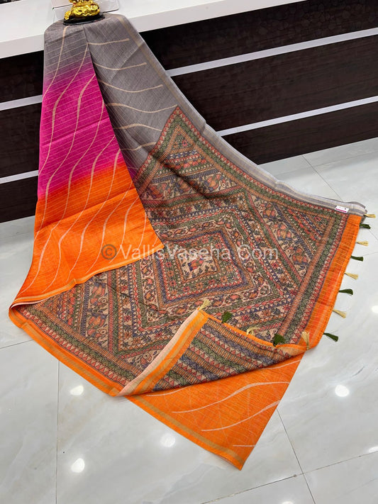 Semi Chanderi Saree - Fusion Of Bandhini & Madhubani- VVSCS002