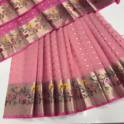 Unstitched - Lehenga Material - Zari Kota Tissue -  Pink & Pink - VVULM001