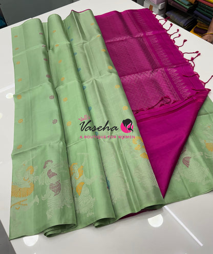 Pure Soft Silk Saree  - Light Green With Pink Combo - VVPSS139