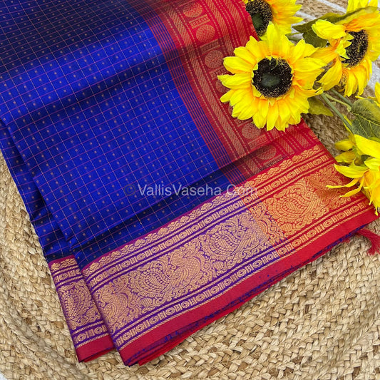 Pure Silk Cotton Saree - Blue With Red  Shade - Lakshadeepam Design - VVPLD001