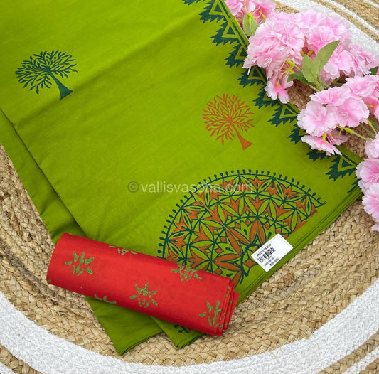 Poly Silk Mixed Printed Cotton - Green With Orange - VVPCP002