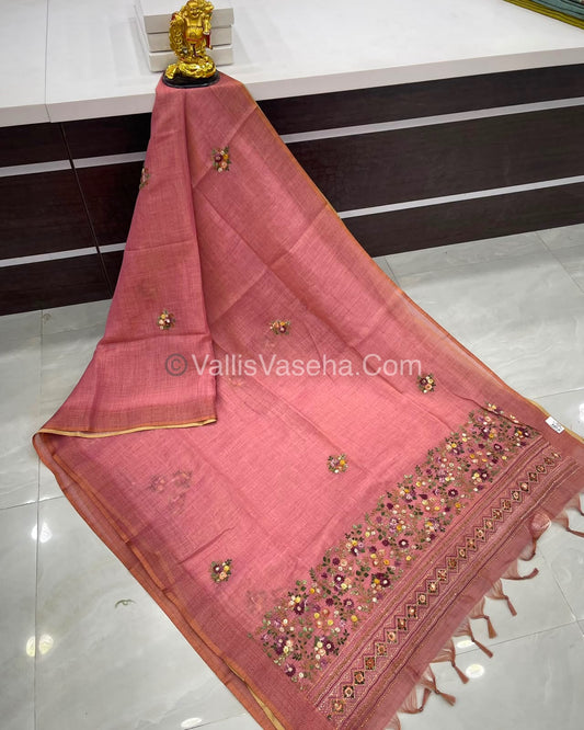 French Knot - Linen Tissue Saree - Pink Shade - Heavy Work Blouse - VVLFN012