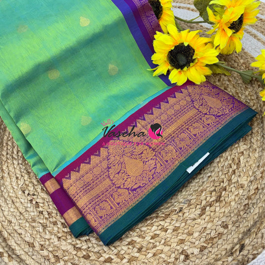 Pure Korvai Silk Cotton Saree - Green with Purple - VVKSC019