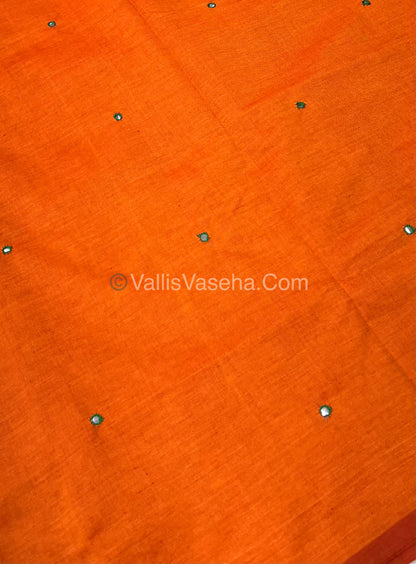 South Mixed Cotton - Mirror Work Embroidery - Orange With Green  - VVPCM002