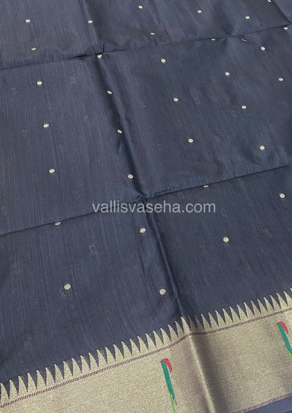 Semi Raw Silk - Paithani Design Weaving - Black Shade - VVRS005