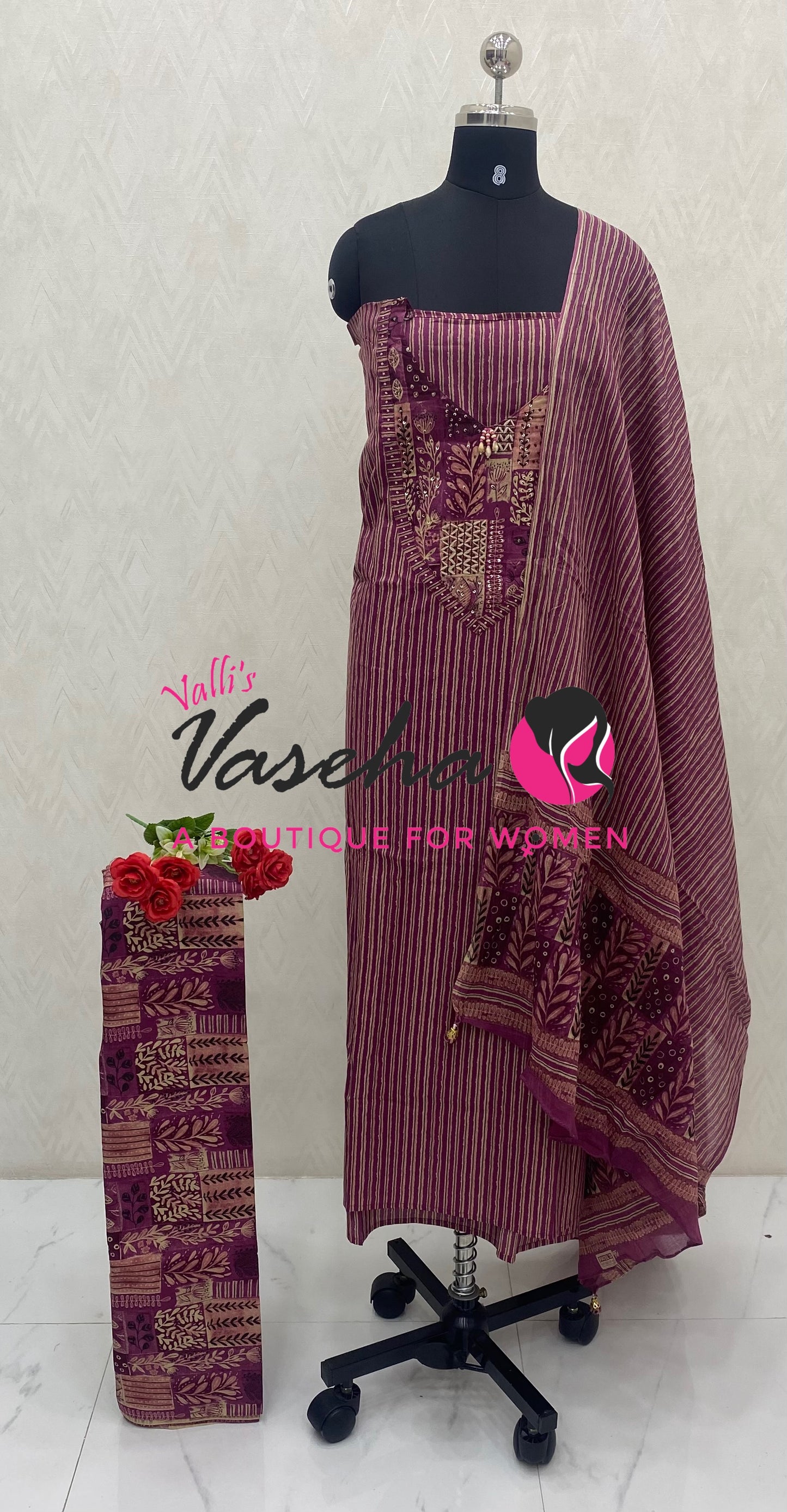 Unstitched Material | Fancy Cotton Material |Onion Shade | VVUSM086