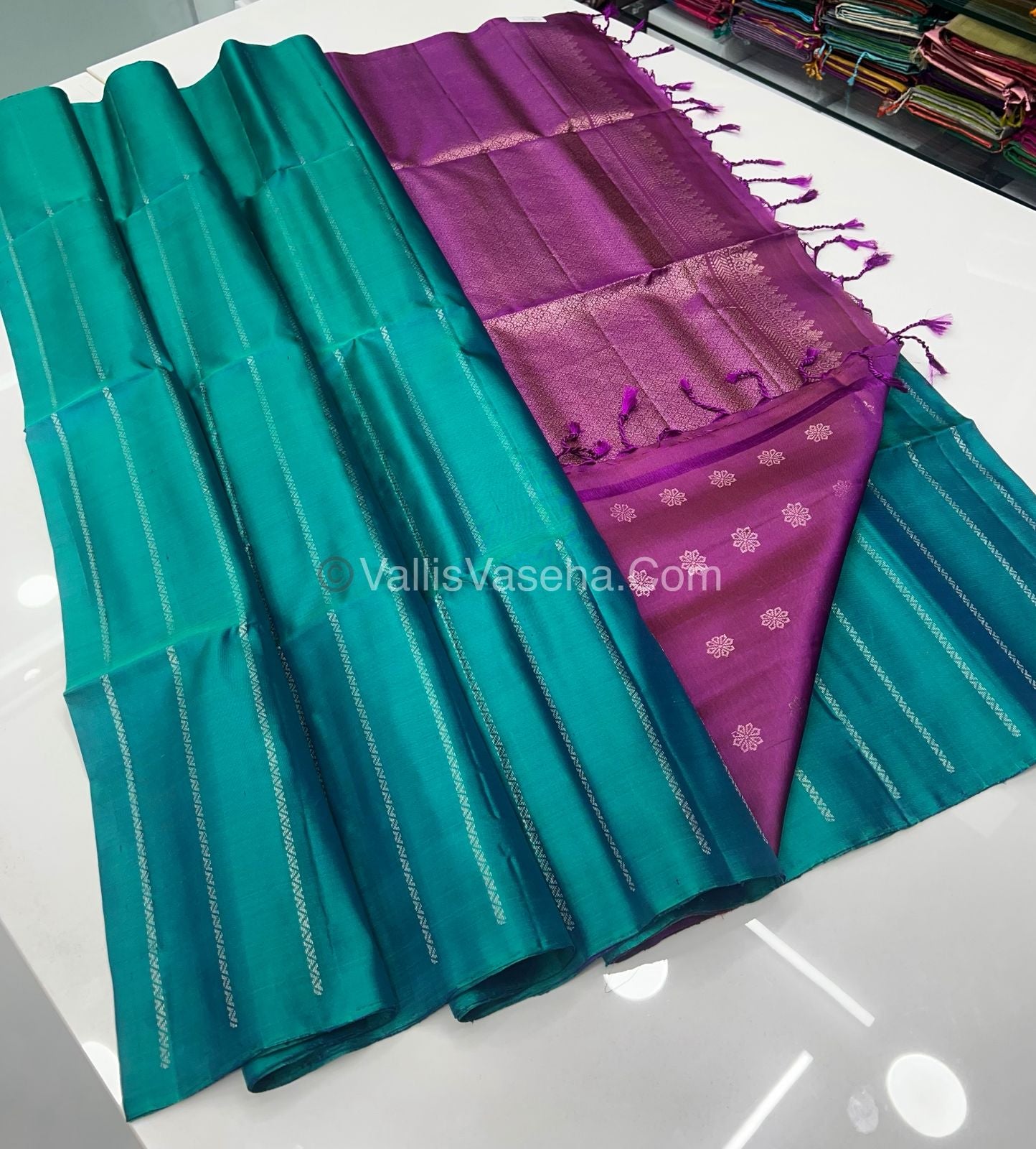 Pure Soft Silk Saree - Border Less  - Green & Purplish Pink Combo - VVPSS055