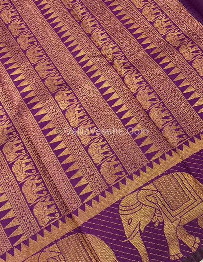 Semi Silk Saree - Kanchi Silk Style - Elephant Border - Peach with Purple - VVSSS005