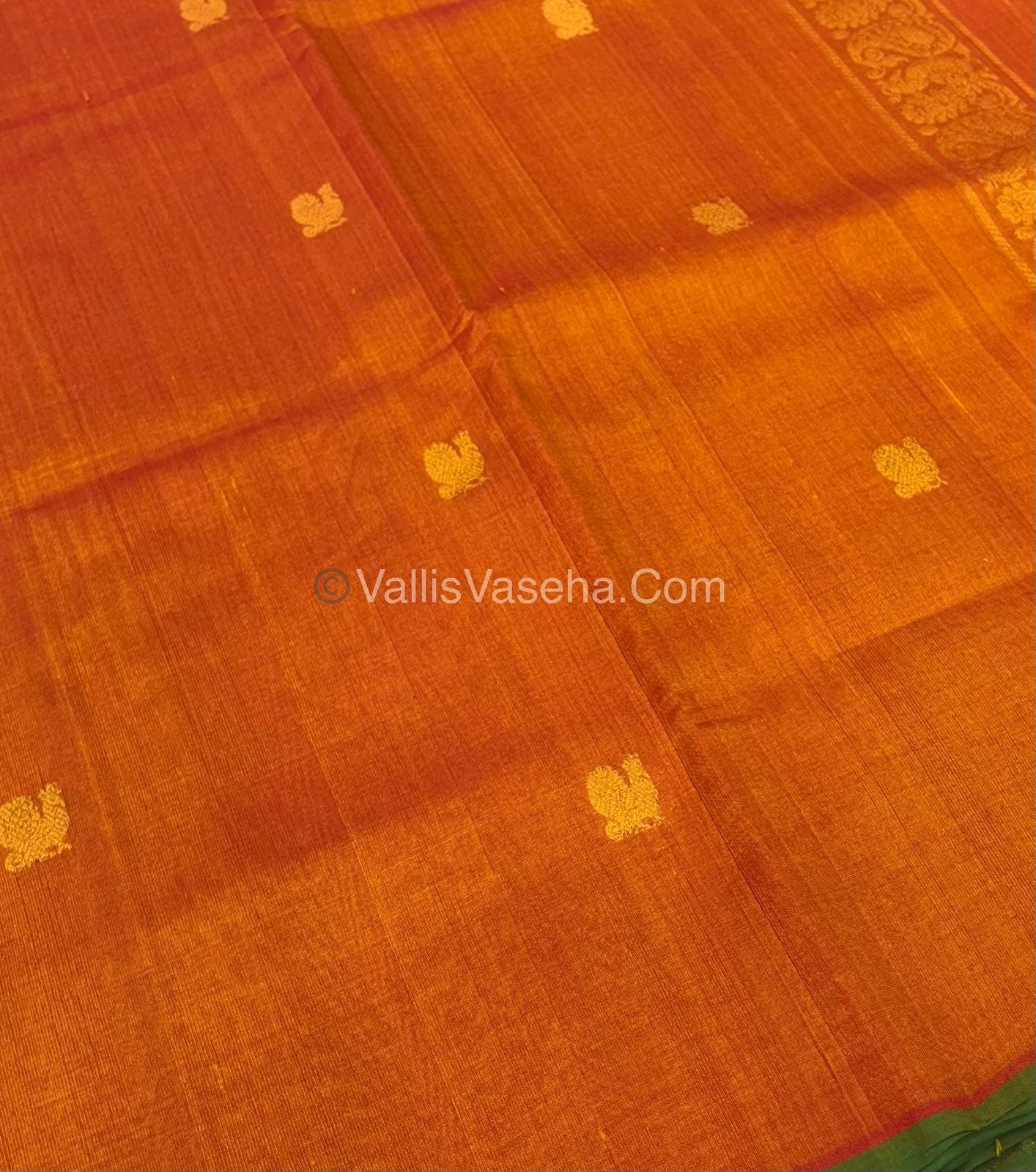 Pure Silk Cotton Saree - Orange With Green  Shade - VVPSC002