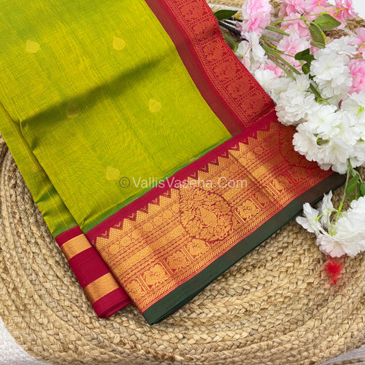 Pure Korvai Silk Cotton Saree - Sneha Green with Red - VVKSC019