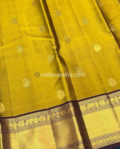 Pure Kanchipuram Silk Saree - Mustard Green & Wine Brown Shade  - VVPS022