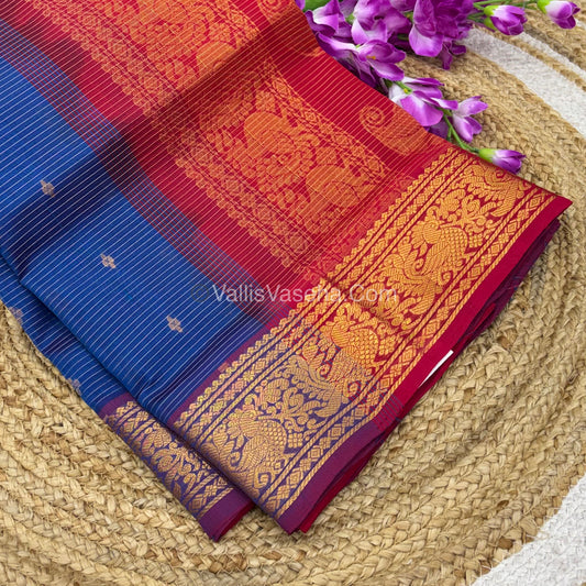 Pure Silk Cotton Sarees - Vairavoosi Lines - Blue With Red Shade - VVPSC006